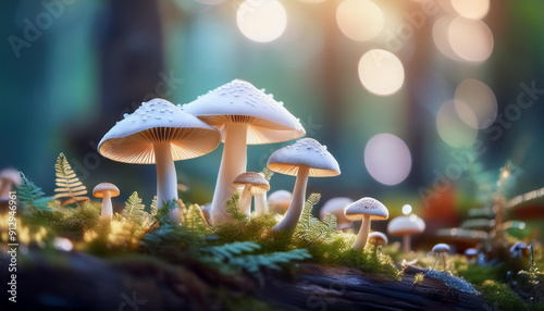 White mushrooms in enchanted forest. Mysterious woods. Beautiful nature.