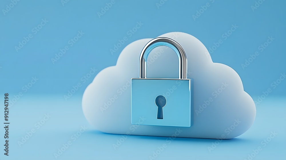 A 3D illustration of a cloud with a padlock symbolizing cloud security and data protection on a blue background. A 3D illustration of a cloud with a padlock symbolizing cloud security and data protection on a blue background.