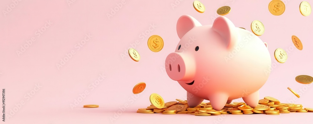 Cartoon piggy bank filled with gold coins, showcasing value trends