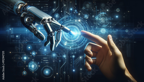 A human hand reaches out to touch a robotic hand, symbolizing the connection between human and artificial intelligence.