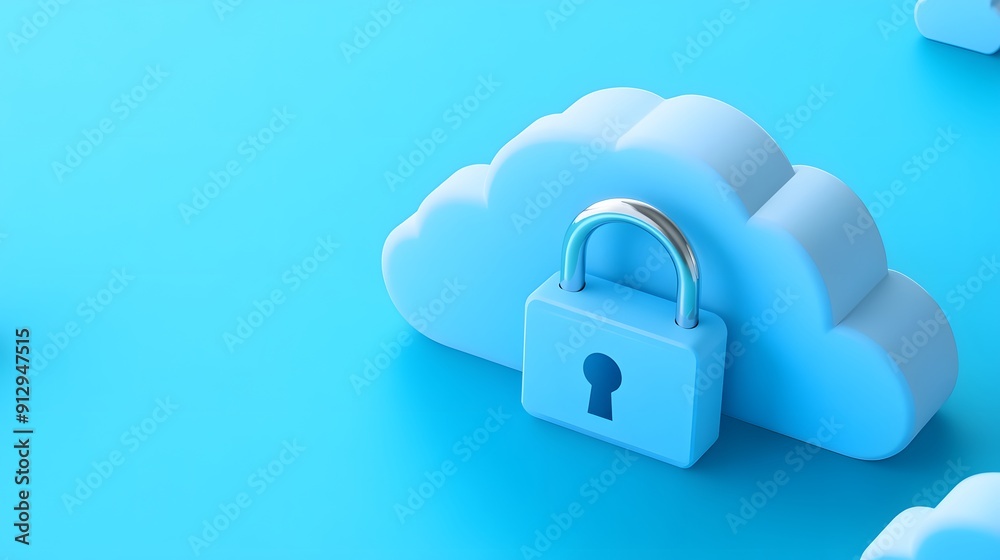 A blue cloud icon with a padlock symbolizing cloud data security and privacy on a bright blue background. A blue cloud icon with a padlock symbolizing cloud data security and privacy on a bright blue background.
