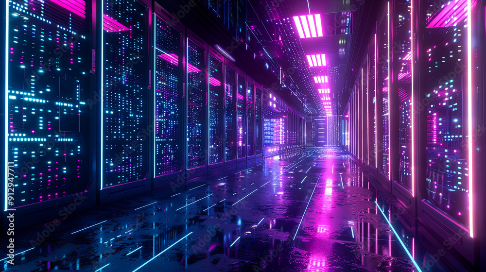 Futuristic server room data center cloud computing technology neon lights purple blue dark background digital information storage server racks glowing cyberpunk atmosphere futuristic technology