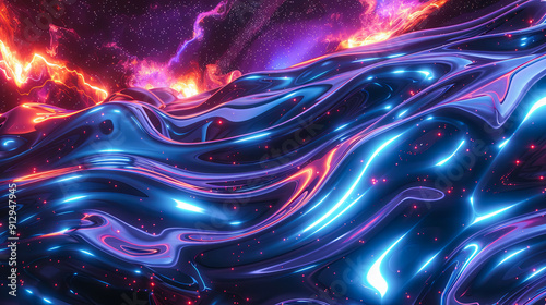 Abstract fluid art background colorful liquid paint wave texture metallic reflection illustration