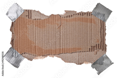 Ripped cardboard  scrap with adhesive tape, isolated on white photo