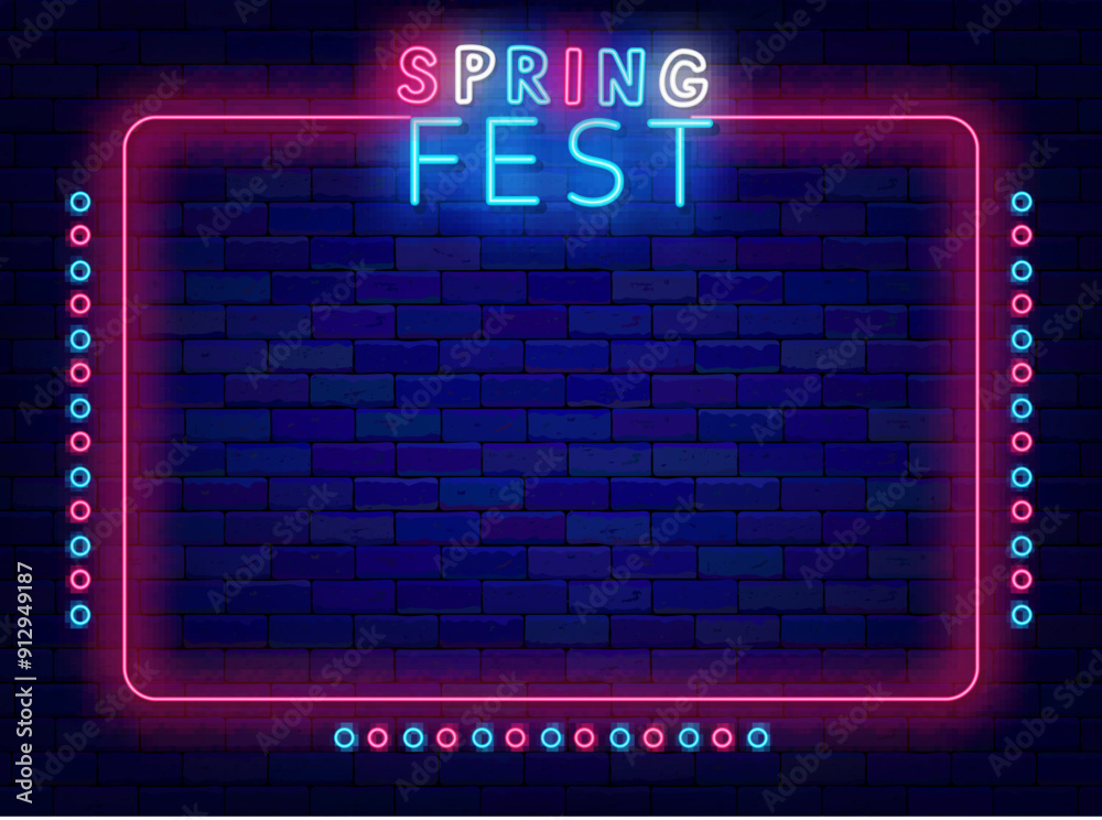 Spring party neon promotion. Season festival. Holiday celebration. Space for text. Night show advertising. Pink retro frame. March, April and May. Glowing poster. Vector stock illustration Spring party neon promotion. Season festival. Holiday celebration. Space for text. Night show advertising. Pink retro frame. March, April and May. Glowing poster. Vector stock illustration