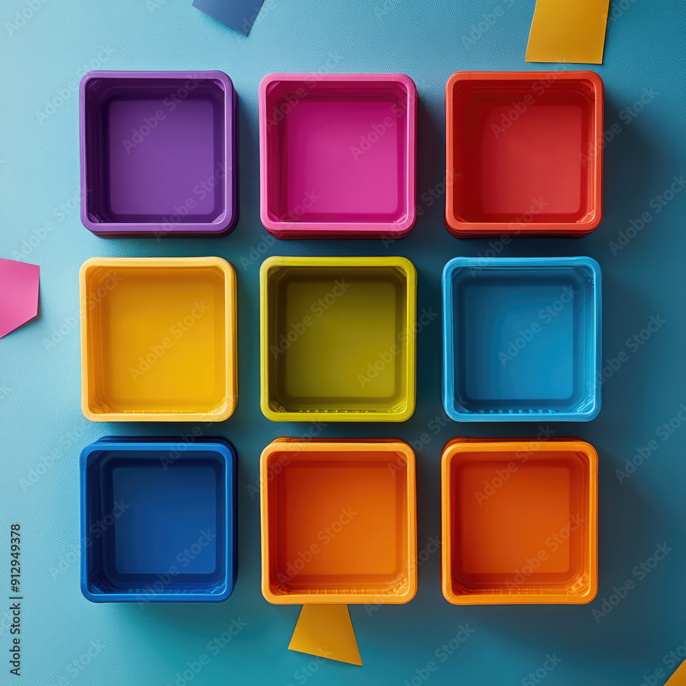 A collection of Colorful Square Containers beautifully placed on a Vibrant Background A collection of Colorful Square Containers beautifully placed on a Vibrant Background