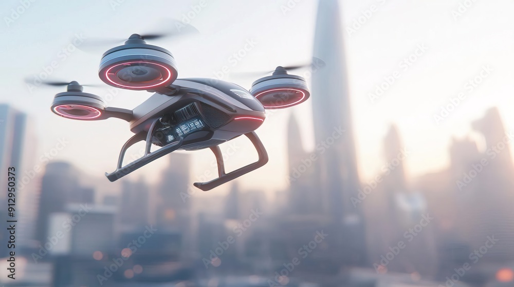 Drone flying over cityscape at sunrise. Drone flying over cityscape at sunrise.