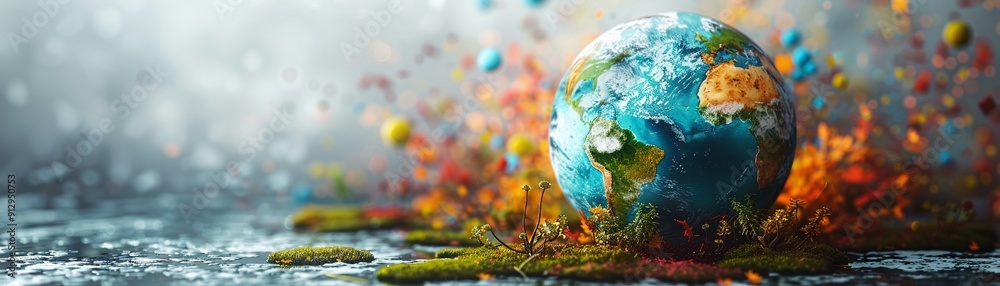 Earth with energyefficient technology and water conservation symbols minimalistic flat green background art space for text Earth with energyefficient technology and water conservation symbols minimalistic flat green background art space for text