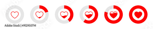 Heart meter levels or gauge icon set in divided pie circles illustration in red color on white background. 0 to 100 percent heart rating level vector icon set. Valentine's day love meter.
