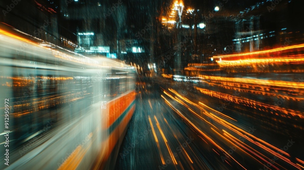 Obraz premium Long exposure cinematic object of light trails from a train window, capturing the motion blur and creating an abstract background with blurred light streaks.