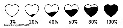 Heart with percentage heart meter level or gauge icon set in liquid filling style in black color on white background. 0 to 100 percent heart rating level vector icon set. Valentine's day love meter.