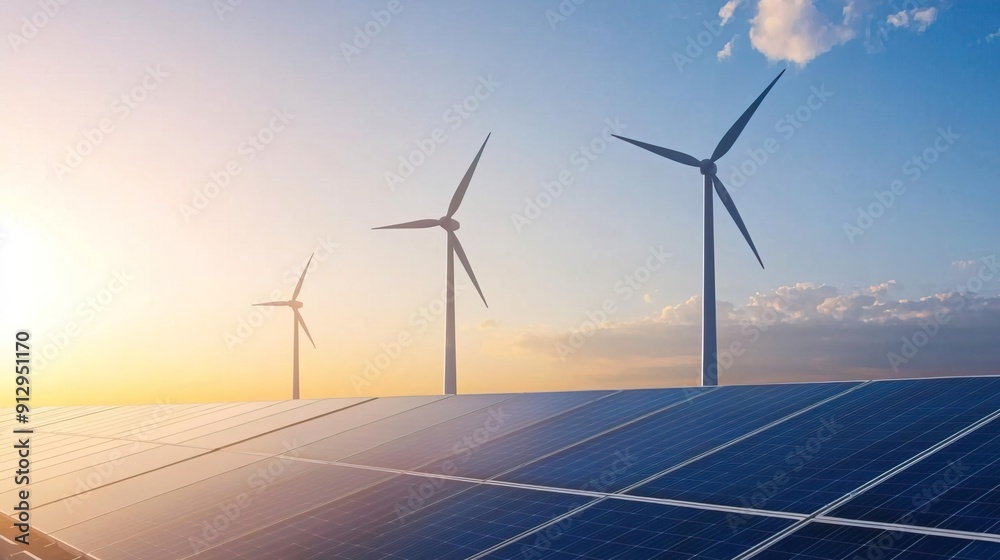 Wind turbines and solar panels in a modern city, representing renewable energy. Wind turbines and solar panels in a modern city, representing renewable energy.