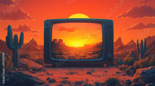 Lofi Tone Anime Art: 80s Style TV Displaying a Desert Sunset in Warm Hues