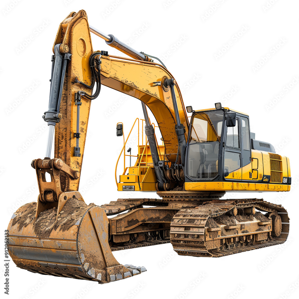 Two Crawler Excavators and Bulldozer Loader Close-Up Isolated on Transparent or White Background, PNG Two Crawler Excavators and Bulldozer Loader Close-Up Isolated on Transparent or White Background, PNG