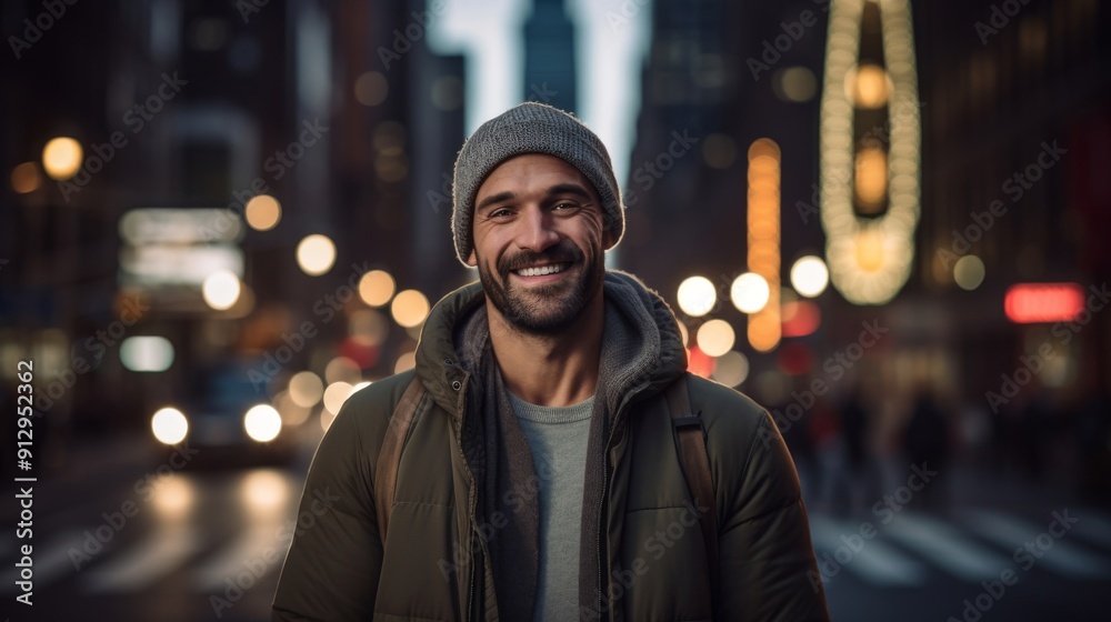 Smiling man stands in bustling city center Smiling man stands in bustling city center