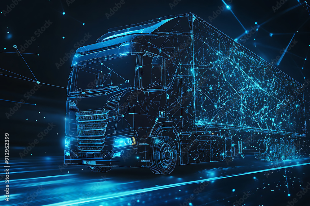 An abstract digital background showcasing the concept of transportation and logistics, featuring a stylized silhouette of a transport truck with dynamic lines and data points flowing around it An abstract digital background showcasing the concept of transportation and logistics, featuring a stylized silhouette of a transport truck with dynamic lines and data points flowing around it
