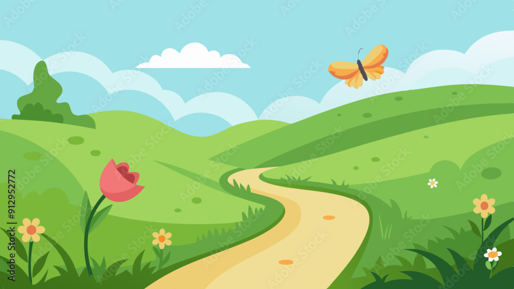 A lush green meadow with wildflowers, a winding path, and a butterfly fluttering. Vector landscape illustration A lush green meadow with wildflowers, a winding path, and a butterfly fluttering. Vector landscape illustration