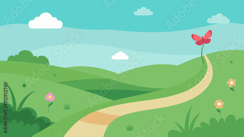 A lush green meadow with wildflowers, a winding path, and a butterfly fluttering. Vector landscape illustration