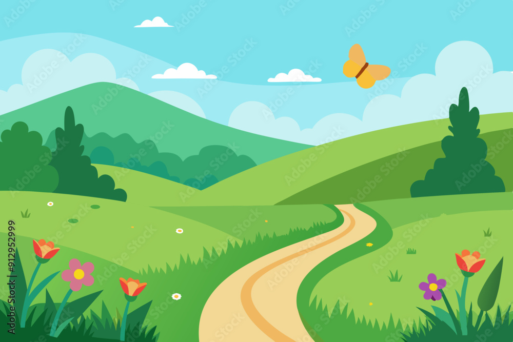 Fototapeta premium A lush green meadow with wildflowers, a winding path, and a butterfly fluttering. Vector landscape illustration
