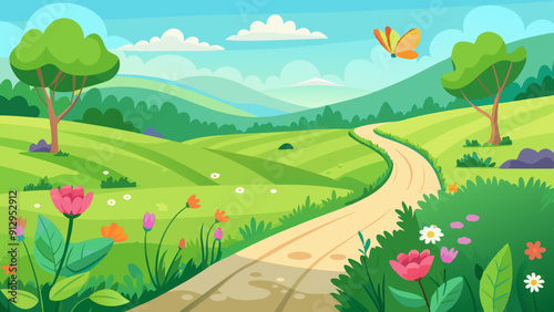 A lush green meadow with wildflowers, a winding path, and a butterfly fluttering. Vector landscape illustration