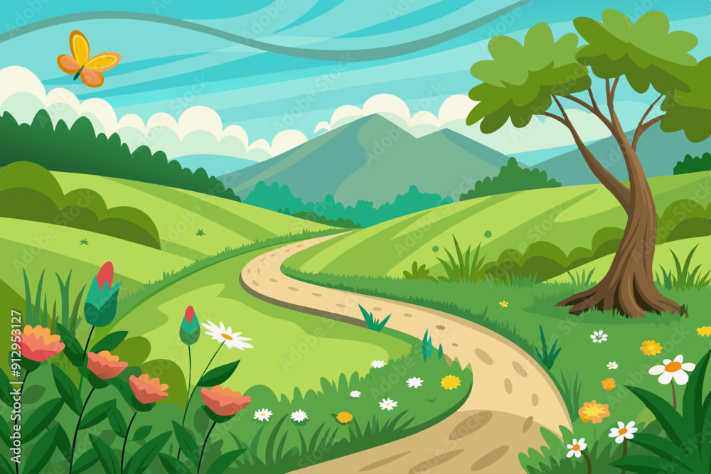 Fototapeta premium A lush green meadow with wildflowers, a winding path, and a butterfly fluttering. Vector landscape illustration
