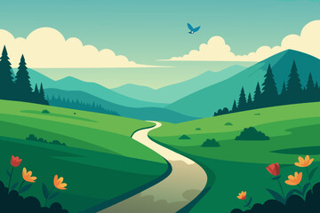 Gordijnen Koraalgroen A lush green meadow with wildflowers, a winding path, and a butterfly fluttering. Vector landscape illustration  © Sumondesigner_42