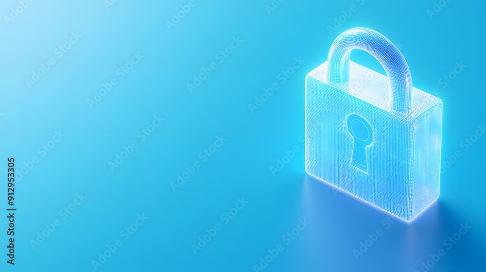 Fototapeta premium A translucent padlock on a blue background representing security, protection, and privacy in a digital environment.