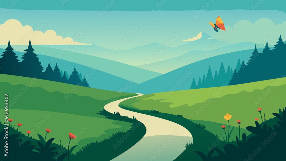 Obraz premium A lush green meadow with wildflowers, a winding path, and a butterfly fluttering. Vector landscape illustration