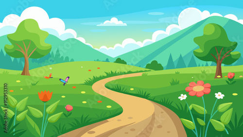 A lush green meadow with wildflowers, a winding path, and a butterfly fluttering. Vector landscape illustration