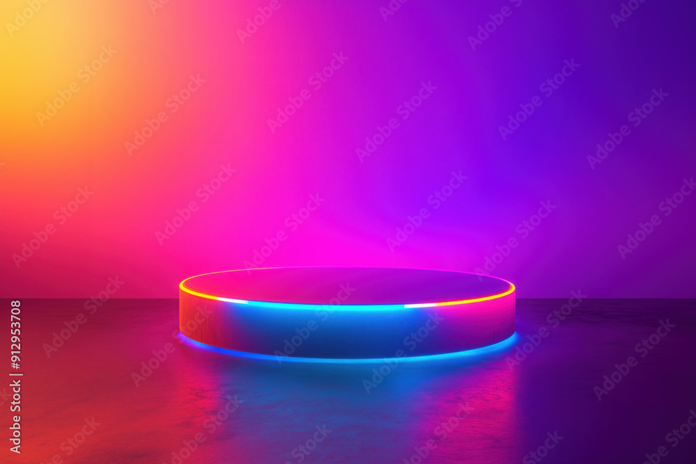 Round podium with neon lighting placed on a dark background, banner template for advertising Round podium with neon lighting placed on a dark background, banner template for advertising