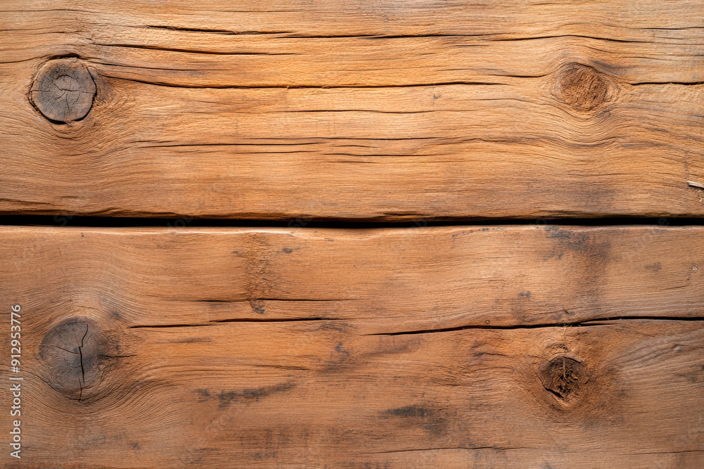 Obraz premium Close-up of weathered wooden planks showing warm, rustic grain patterns and knots, creating a natural texture.