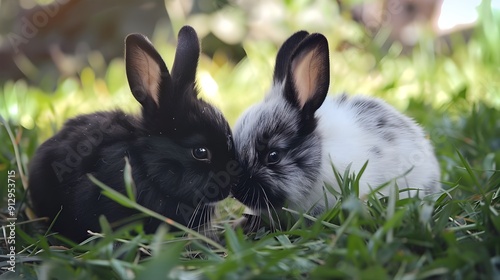 Two black and white rabbits are playing on the grass in sunlit, Black and white rabbits in natural grass