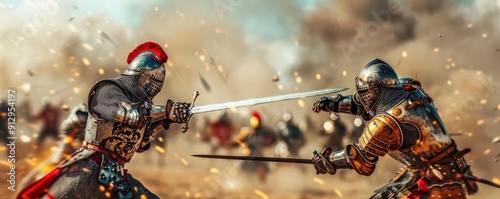 A dramatic medieval battle scene featuring two knights in armor clashing swords amidst dust and chaos.