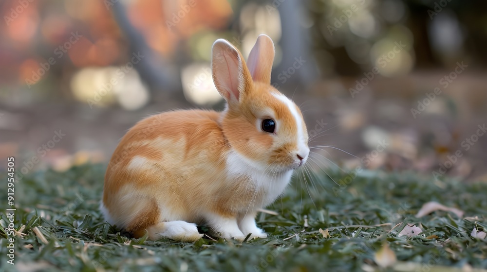 Fototapeta premium Cute brown rabbits playing on the grass on blur background.
