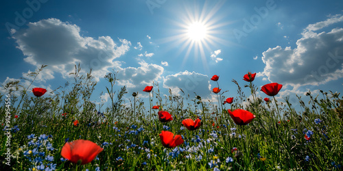 Wildflower meadow under a bright blue sky