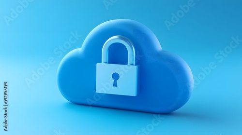 Blue cloud icon with a padlock in a minimalistic style, representing cloud security and data protection on a blue background.