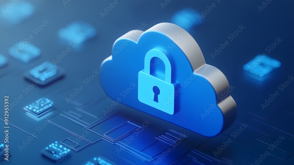 Blue cloud icon with a padlock symbolizing data security and protection in a digital environment.