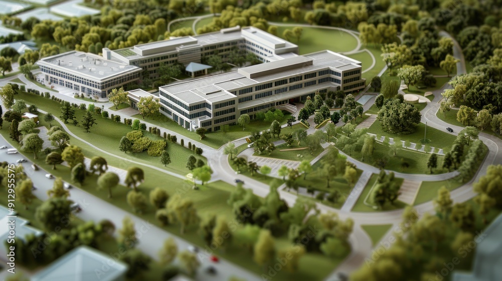 Generate a photo realistic image of a maquette depicting a corporate campus with office buildings, green spaces, and employee amenities Generate a photo realistic image of a maquette depicting a corporate campus with office buildings, green spaces, and employee amenities