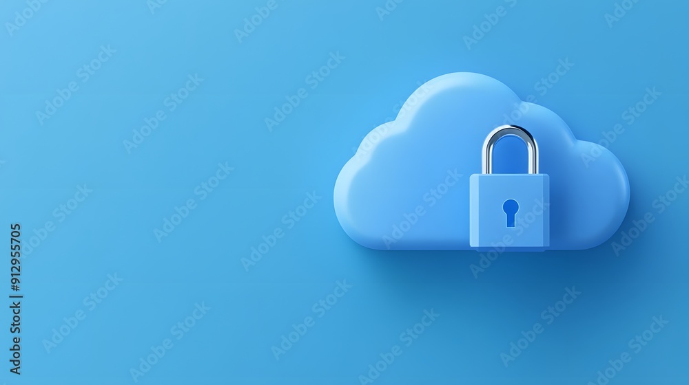 Blue cloud icon with padlock, representing secure cloud storage, data privacy, and online security concept on blue background. Blue cloud icon with padlock, representing secure cloud storage, data privacy, and online security concept on blue background.