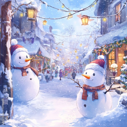 Frosty Festival: An Animated Snow Scene with a Festive Snow Parade Celebrating the Winter Season in Anime Style. photo