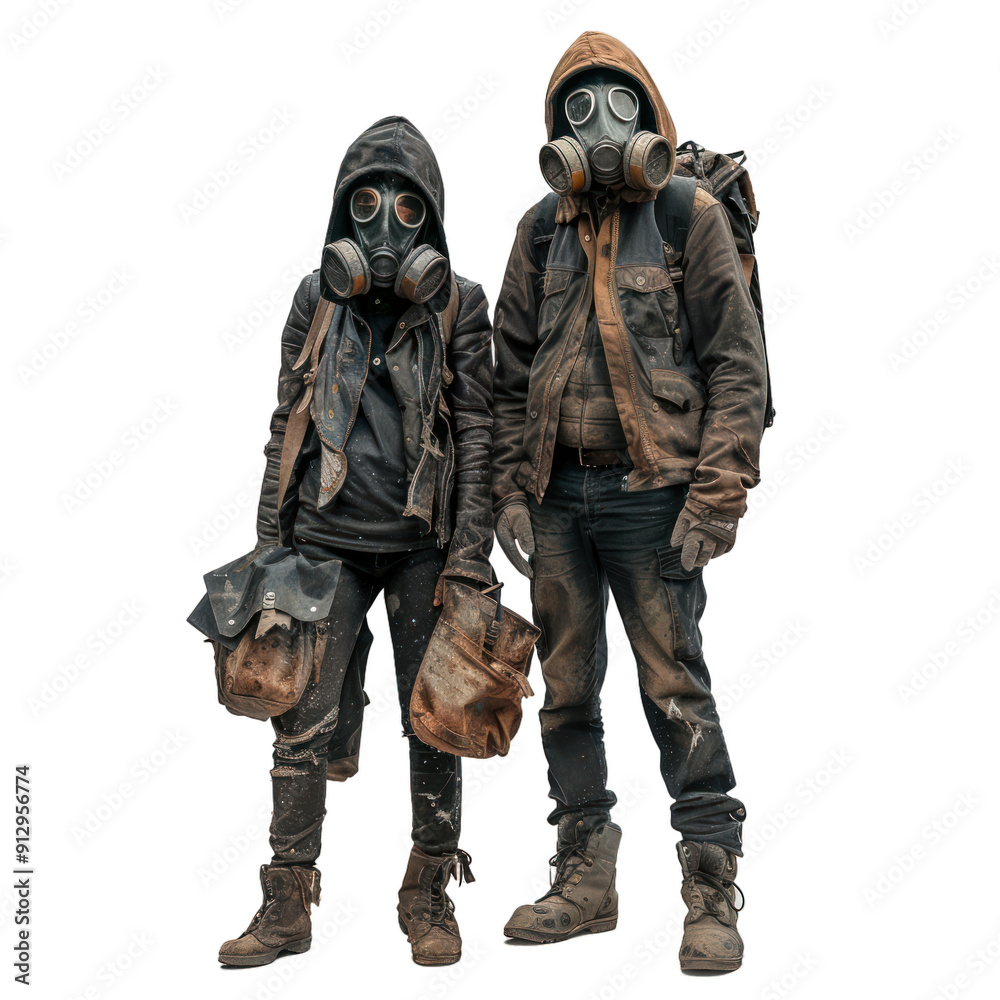 Two survivors wearing gas masks and holding bags, facing a difficult future Two survivors wearing gas masks and holding bags, facing a difficult future