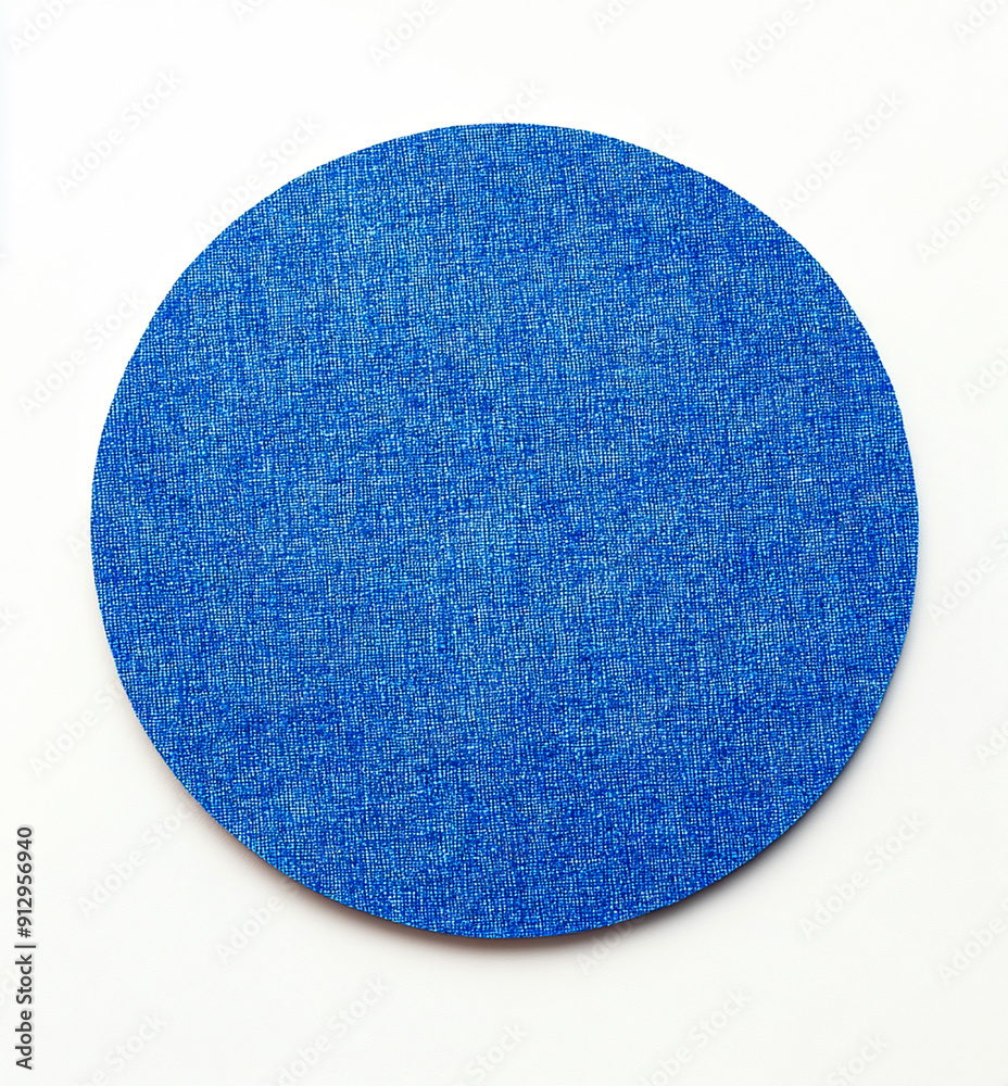 A blue circular sticker with rounded edges, made of fabric material, is on the white background A blue circular sticker with rounded edges, made of fabric material, is on the white background