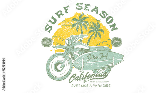 Summer vibes artwork. Surf club design. Motorcycle beach ride. Big wave artwork. Sunshine Surf club artwork. Enjoy beach life.