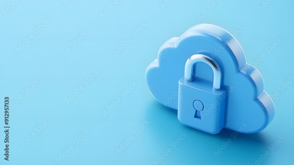 Blue cloud shape with padlock symbolizing cloud security and data protection against blue background. Blue cloud shape with padlock symbolizing cloud security and data protection against blue background.