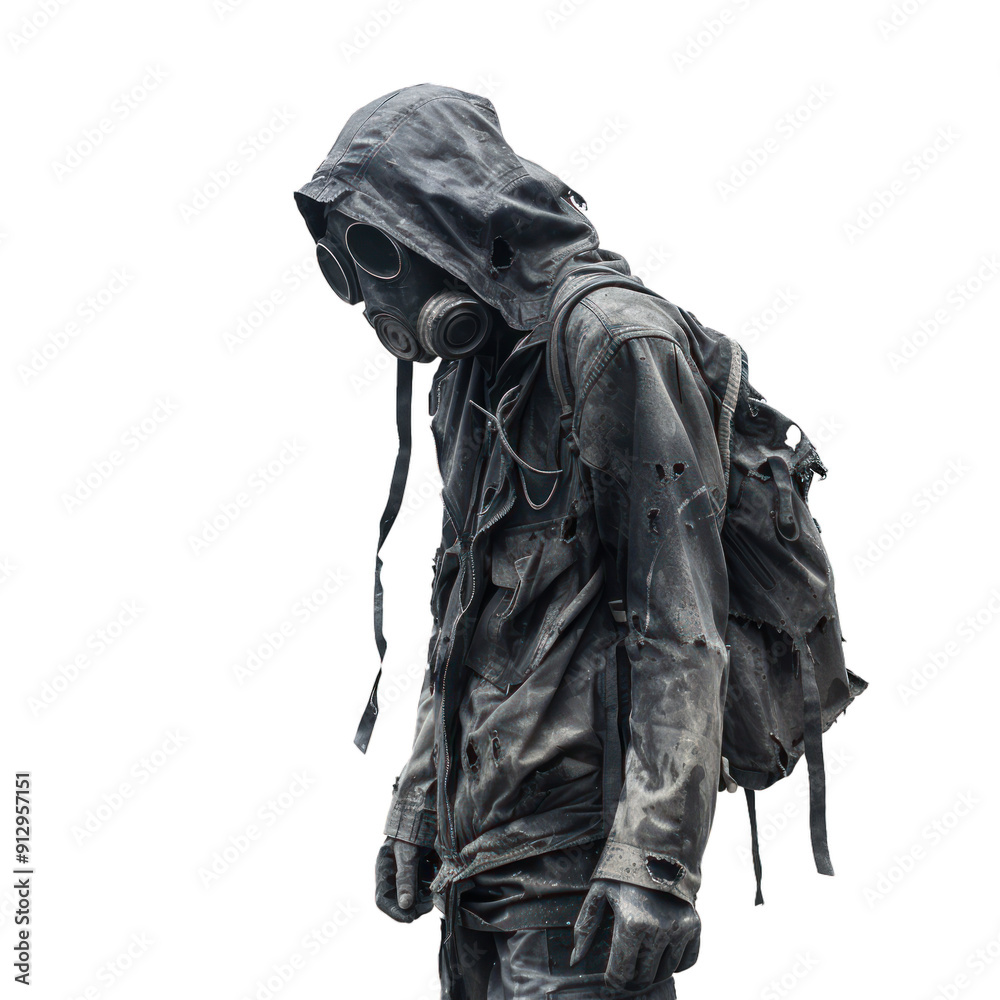 Lone survivor wearing a gas mask and carrying a backpack is walking through a desolate wasteland Lone survivor wearing a gas mask and carrying a backpack is walking through a desolate wasteland