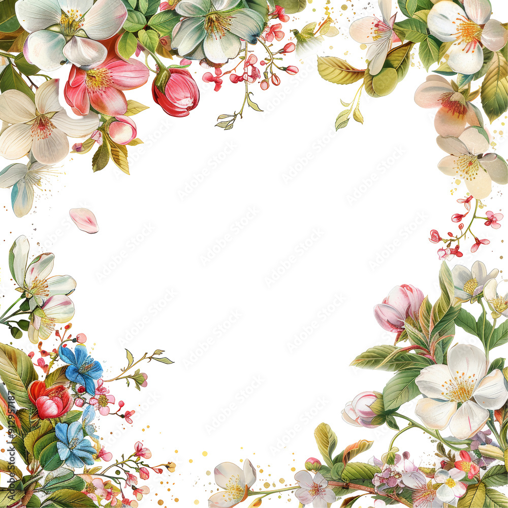 Spring Flowers Frame Isolated on Transparent or White Background, PNG Spring Flowers Frame Isolated on Transparent or White Background, PNG