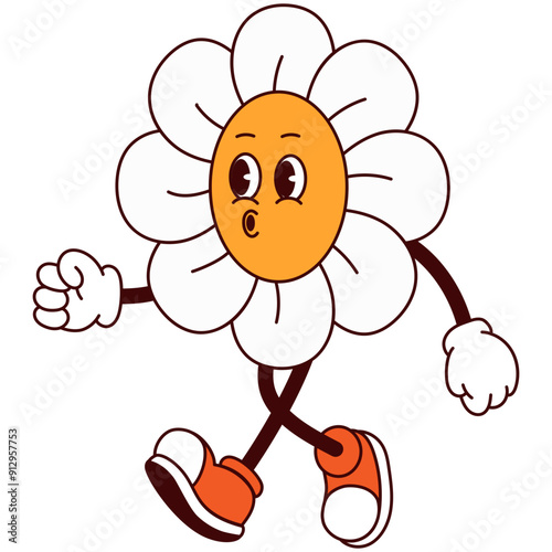 white flower retro mascot cartoon is walking with doing whistle illustration 