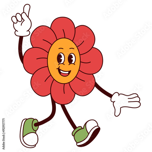 red flower retro mascot cartoon is finger up illustration 