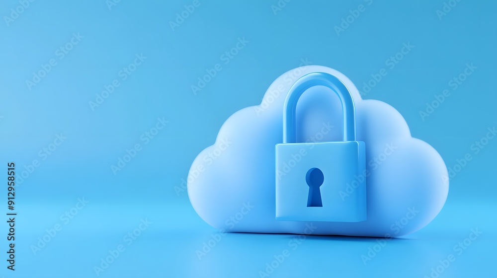 Blue cloud with a secure padlock representing cloud security and data protection in a digital environment, on a blue background. Blue cloud with a secure padlock representing cloud security and data protection in a digital environment, on a blue background.