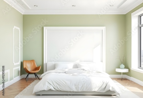 Interior of  A bedroom with a wooden bed frame, and a blank white framed wall art above the bed. The room has a warm, inviting atmosphere 